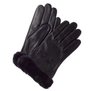 UGG Logo Black Leather Wool & Cashmere Lined Gloves size Medium